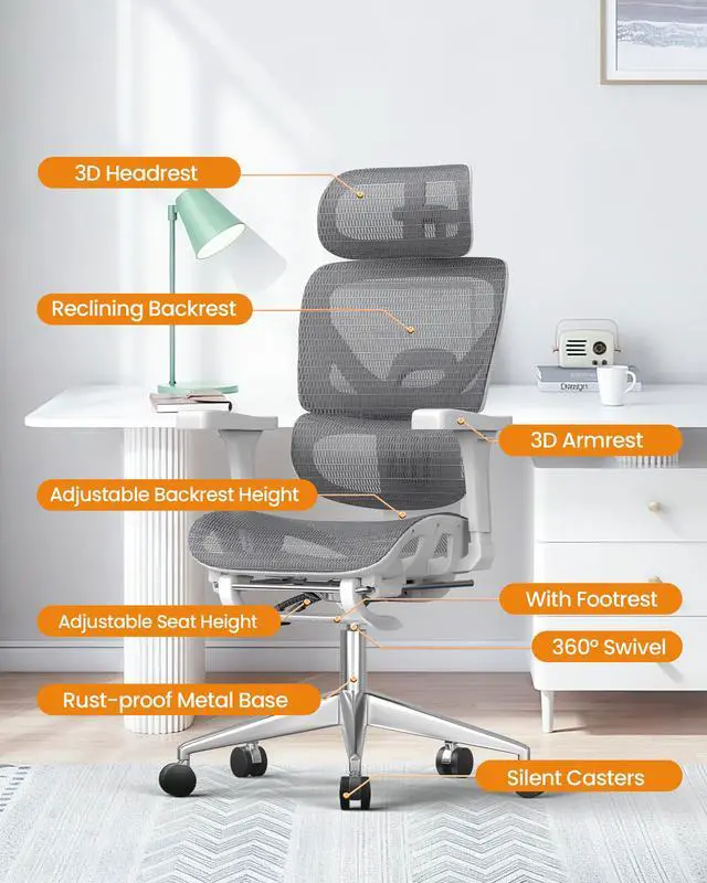 Alt view image 2 of 6 - Ergonomic Office Chair, High Back Mesh Desk Chair, 350lbs Capacity, Lumbar Support, 3D Armrest Headrest, Footrest, PU Wheels, Swivel Computer Chair for Home Office, Work & Gaming