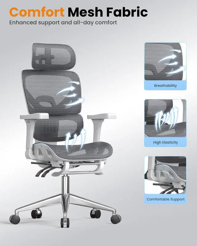 Alt view image 5 of 6 - Ergonomic Office Chair, High Back Mesh Desk Chair, 350lbs Capacity, Lumbar Support, 3D Armrest Headrest, Footrest, PU Wheels, Swivel Computer Chair for Home Office, Work & Gaming