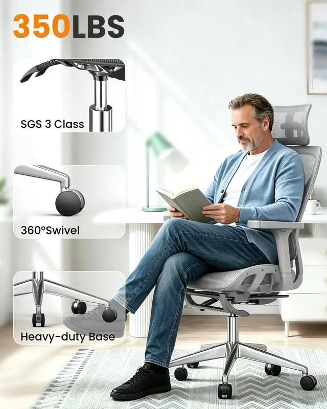 Alt view image 6 of 6 - Ergonomic Office Chair, High Back Mesh Desk Chair, 350lbs Capacity, Lumbar Support, 3D Armrest Headrest, Footrest, PU Wheels, Swivel Computer Chair for Home Office, Work & Gaming