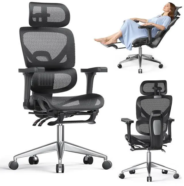 Main image of Ergonomic Office Chair, High Back Mesh Desk Chair, 350lbs Capacity, Lumbar Support, 3D Armrest Headrest, Footrest, PU Wheels, Swivel Computer Chair for Home Office, Work & Gaming