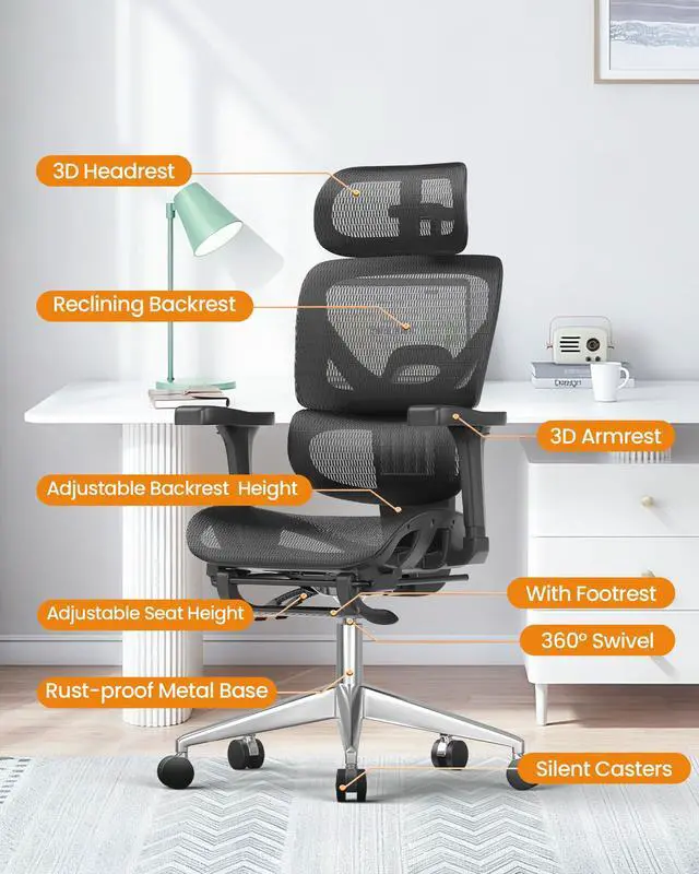 Alt view image 2 of 6 - Ergonomic Office Chair, High Back Mesh Desk Chair, 350lbs Capacity, Lumbar Support, 3D Armrest Headrest, Footrest, PU Wheels, Swivel Computer Chair for Home Office, Work & Gaming