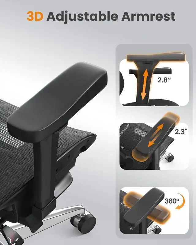Alt view image 3 of 6 - Ergonomic Office Chair, High Back Mesh Desk Chair, 350lbs Capacity, Lumbar Support, 3D Armrest Headrest, Footrest, PU Wheels, Swivel Computer Chair for Home Office, Work & Gaming