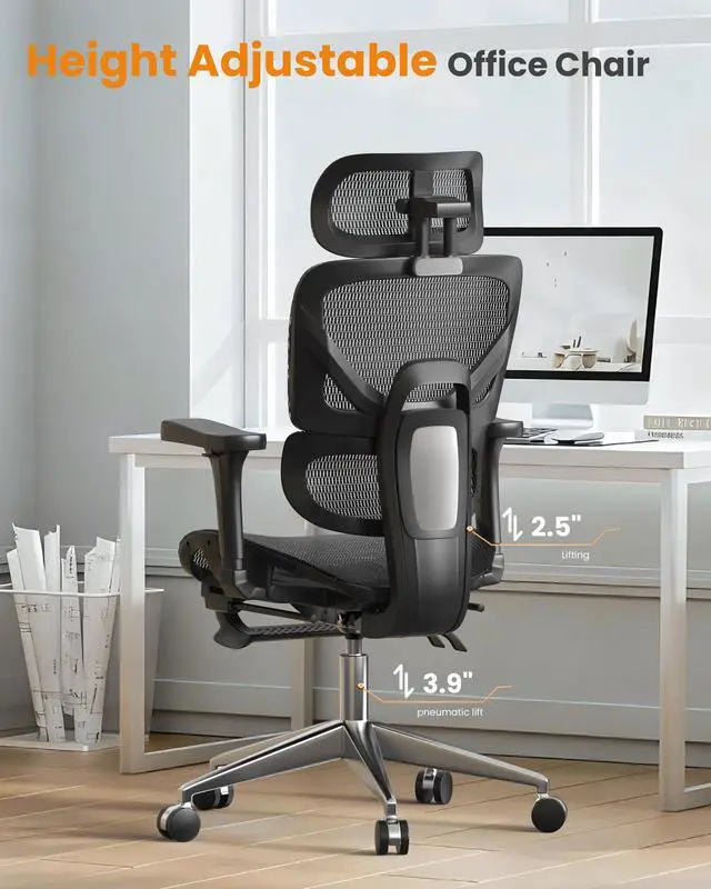 Alt view image 5 of 6 - Ergonomic Office Chair, High Back Mesh Desk Chair, 350lbs Capacity, Lumbar Support, 3D Armrest Headrest, Footrest, PU Wheels, Swivel Computer Chair for Home Office, Work & Gaming