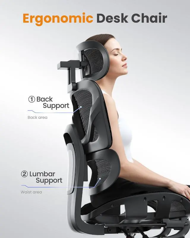 Alt view image 6 of 6 - Ergonomic Office Chair, High Back Mesh Desk Chair, 350lbs Capacity, Lumbar Support, 3D Armrest Headrest, Footrest, PU Wheels, Swivel Computer Chair for Home Office, Work & Gaming