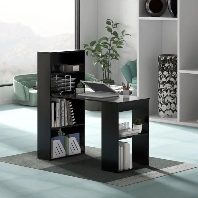 Alt view image 2 of 6 - 48 Inch Computer Desk with Bookshelf, 3-in-1 Home Office Desk with 4-Tier Bookcase & CPU Stand, Space-Saving Reversible Writing Desk Work Table for Bedroom, Study Room, Office (Black)