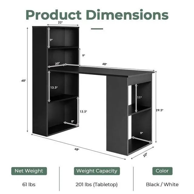 Alt view image 3 of 6 - 48 Inch Computer Desk with Bookshelf, 3-in-1 Home Office Desk with 4-Tier Bookcase & CPU Stand, Space-Saving Reversible Writing Desk Work Table for Bedroom, Study Room, Office (Black)