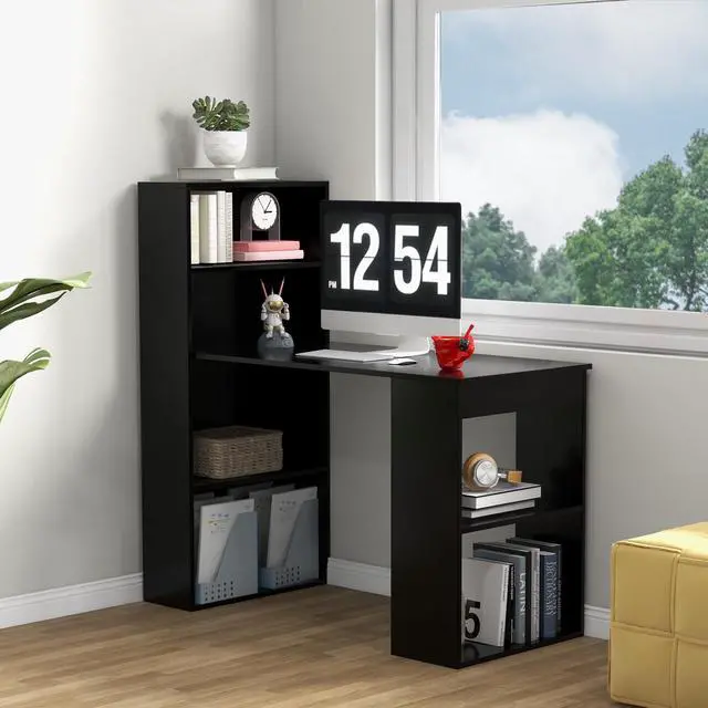 Alt view image 4 of 6 - 48 Inch Computer Desk with Bookshelf, 3-in-1 Home Office Desk with 4-Tier Bookcase & CPU Stand, Space-Saving Reversible Writing Desk Work Table for Bedroom, Study Room, Office (Black)