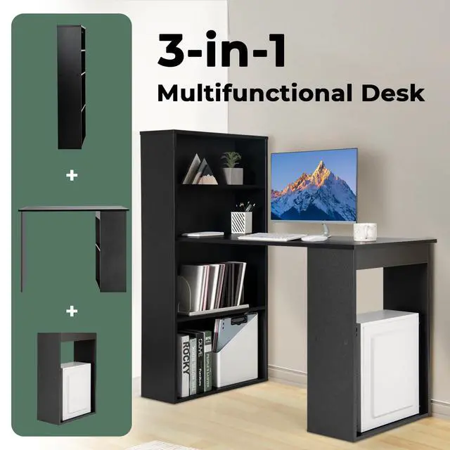 Alt view image 5 of 6 - 48 Inch Computer Desk with Bookshelf, 3-in-1 Home Office Desk with 4-Tier Bookcase & CPU Stand, Space-Saving Reversible Writing Desk Work Table for Bedroom, Study Room, Office (Black)