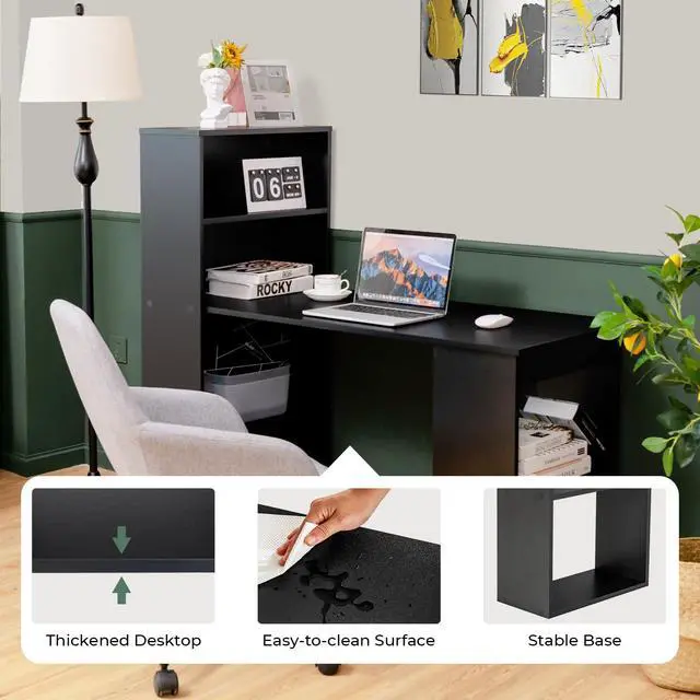 Alt view image 6 of 6 - 48 Inch Computer Desk with Bookshelf, 3-in-1 Home Office Desk with 4-Tier Bookcase & CPU Stand, Space-Saving Reversible Writing Desk Work Table for Bedroom, Study Room, Office (Black)