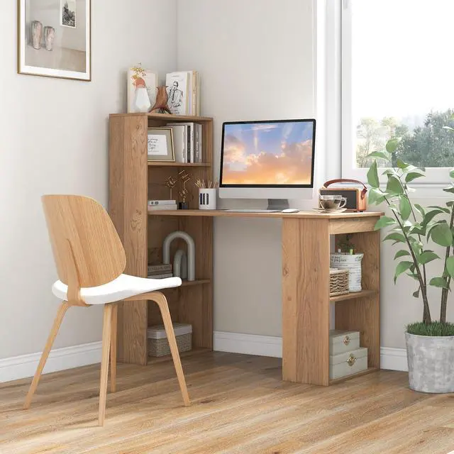 Alt view image 2 of 6 - 48 Inch Computer Desk with Bookshelf, 3-in-1 Home Office Desk with 4-Tier Bookcase & CPU Stand, Space-Saving Reversible Writing Desk Work Table for Bedroom, Study Room, Office (Natural)