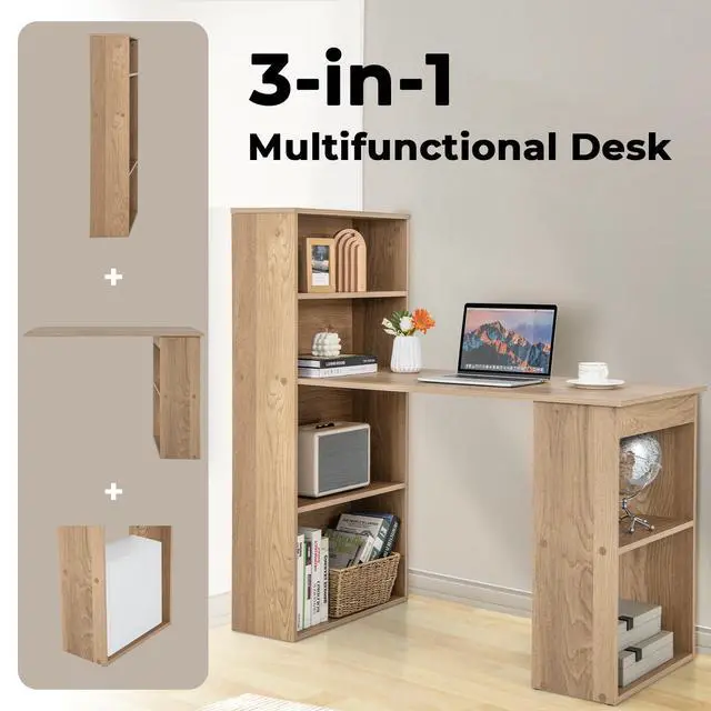 Alt view image 4 of 6 - 48 Inch Computer Desk with Bookshelf, 3-in-1 Home Office Desk with 4-Tier Bookcase & CPU Stand, Space-Saving Reversible Writing Desk Work Table for Bedroom, Study Room, Office (Natural)