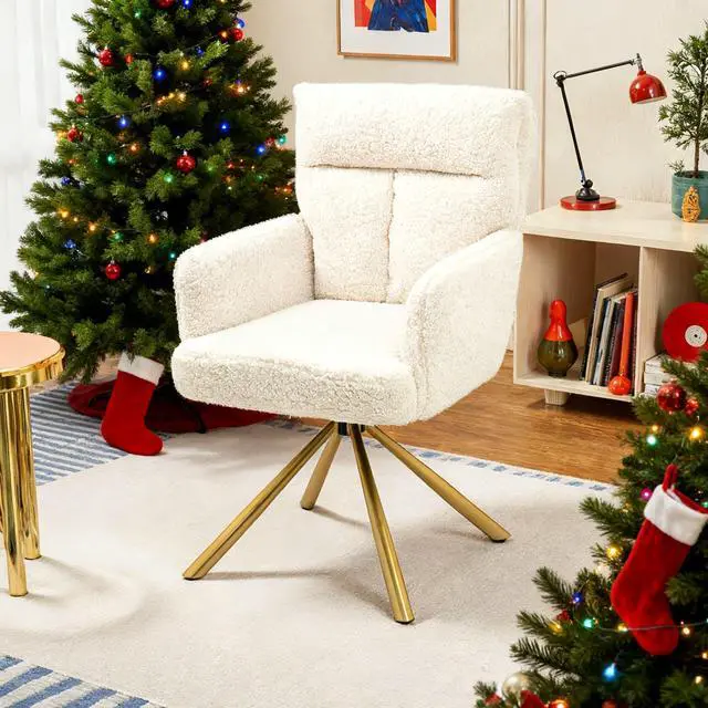 Alt view image 3 of 6 - Teddy Office Desk Chair No Wheels, Modern Vanity Chair with Gold Legs, Boucle Comfy Swivel Accent Chair, Wide Seat Computer Task Reading Armchair for Living Room Home Office (Beige)