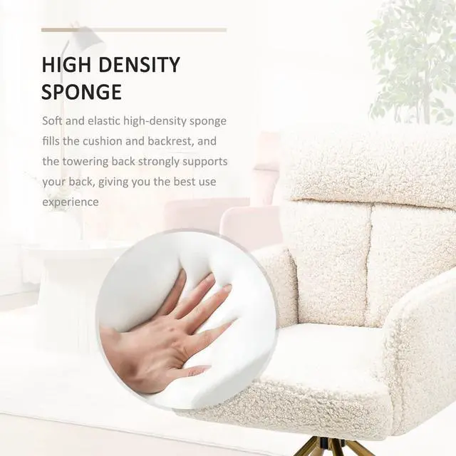 Alt view image 4 of 6 - Teddy Office Desk Chair No Wheels, Modern Vanity Chair with Gold Legs, Boucle Comfy Swivel Accent Chair, Wide Seat Computer Task Reading Armchair for Living Room Home Office (Beige)