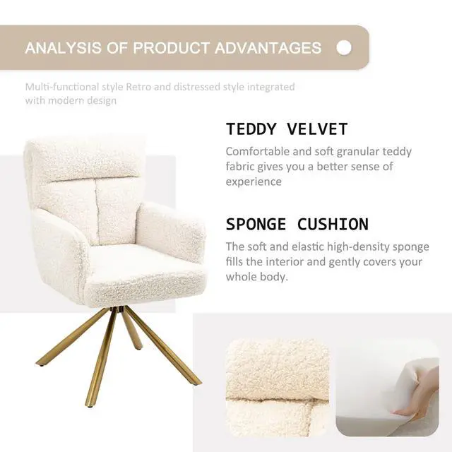 Alt view image 5 of 6 - Teddy Office Desk Chair No Wheels, Modern Vanity Chair with Gold Legs, Boucle Comfy Swivel Accent Chair, Wide Seat Computer Task Reading Armchair for Living Room Home Office (Beige)