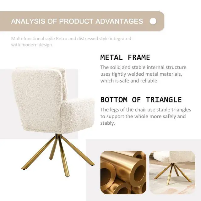 Alt view image 6 of 6 - Teddy Office Desk Chair No Wheels, Modern Vanity Chair with Gold Legs, Boucle Comfy Swivel Accent Chair, Wide Seat Computer Task Reading Armchair for Living Room Home Office (Beige)