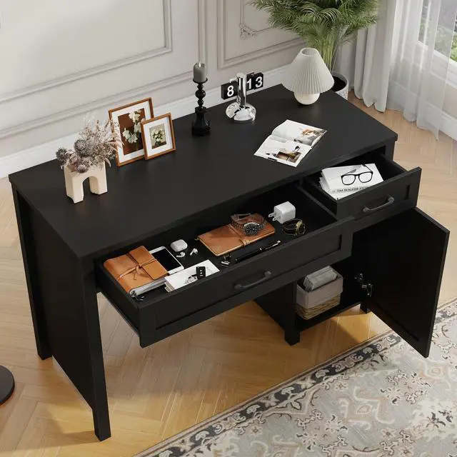 Alt view image 4 of 6 - Farmhouse 47" Executive Desk, Computer Desk with Drawers and Storage Cabinet, Workstation Computer Desk for Home Office, Study.Pure Black