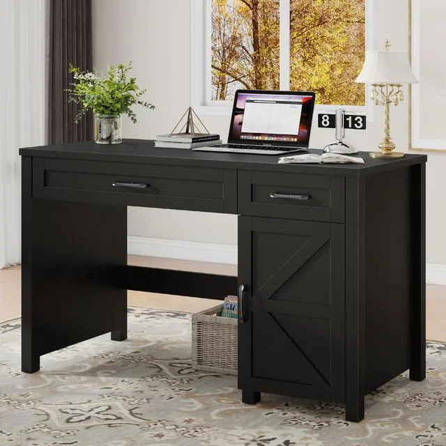 Alt view image 5 of 6 - Farmhouse 47" Executive Desk, Computer Desk with Drawers and Storage Cabinet, Workstation Computer Desk for Home Office, Study.Pure Black