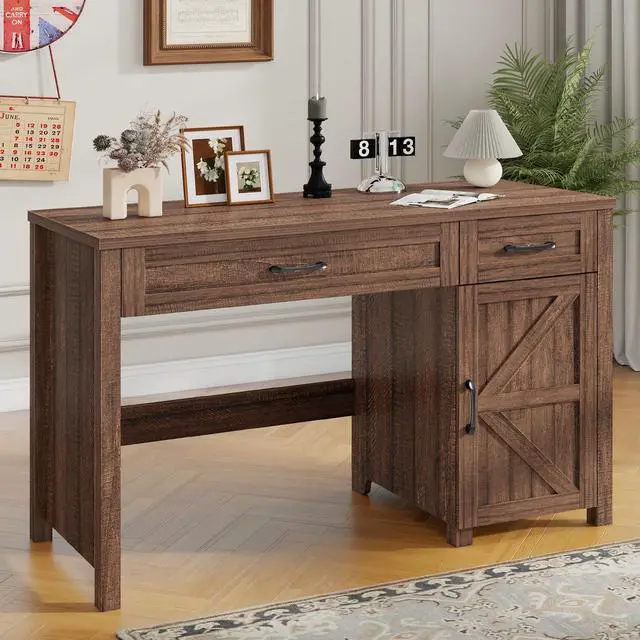 Main image of Farmhouse 47" Executive Desk, Computer Desk with Drawers and Storage Cabinet, Workstation Computer Desk for Home Office and Study.Red-Brown