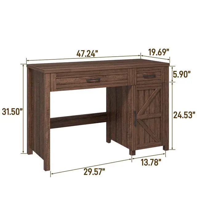 Alt view image 2 of 6 - Farmhouse 47" Executive Desk, Computer Desk with Drawers and Storage Cabinet, Workstation Computer Desk for Home Office and Study.Red-Brown