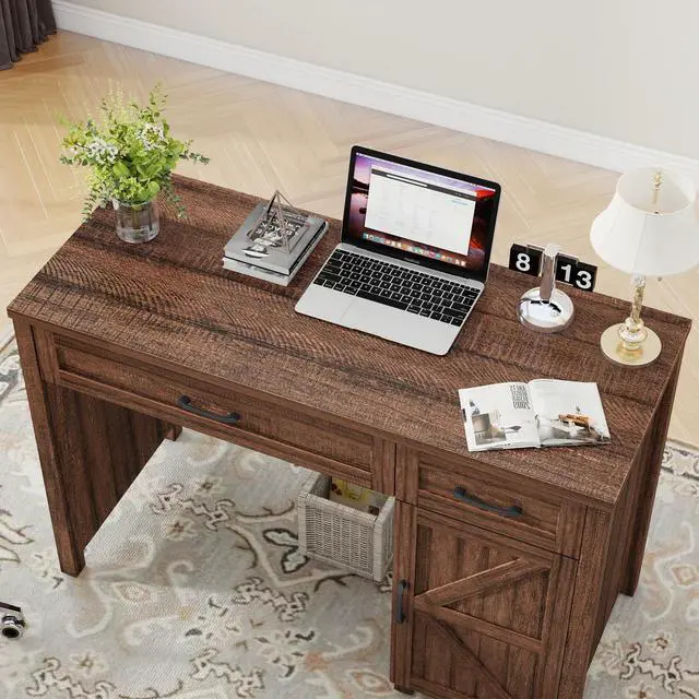 Alt view image 3 of 6 - Farmhouse 47" Executive Desk, Computer Desk with Drawers and Storage Cabinet, Workstation Computer Desk for Home Office and Study.Red-Brown