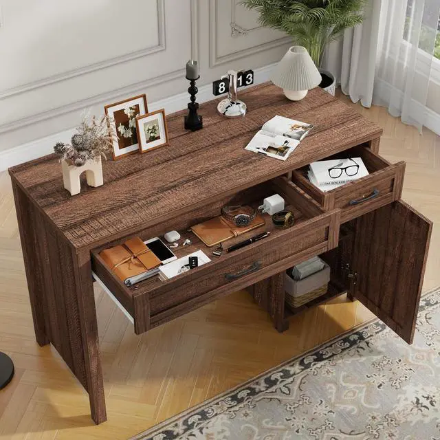 Alt view image 5 of 6 - Farmhouse 47" Executive Desk, Computer Desk with Drawers and Storage Cabinet, Workstation Computer Desk for Home Office and Study.Red-Brown