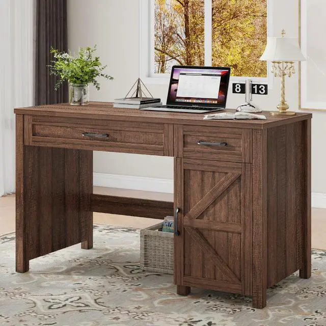 Alt view image 6 of 6 - Farmhouse 47" Executive Desk, Computer Desk with Drawers and Storage Cabinet, Workstation Computer Desk for Home Office and Study.Red-Brown