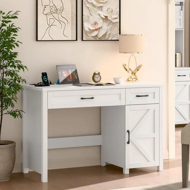 Main image of Farmhouse 47" Executive Desk, Computer Desk with Drawers and Storage Cabinet, Workstation Computer Desk for Home Office, Study.Cream White