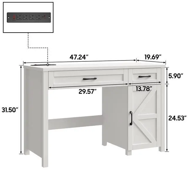 Alt view image 2 of 6 - Farmhouse 47" Executive Desk, Computer Desk with Drawers and Storage Cabinet, Workstation Computer Desk for Home Office, Study.Cream White