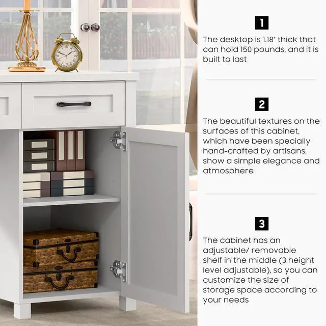 Alt view image 4 of 6 - Farmhouse 47" Executive Desk, Computer Desk with Drawers and Storage Cabinet, Workstation Computer Desk for Home Office, Study.Cream White