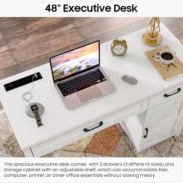 Alt view image 5 of 6 - Farmhouse 47" Executive Desk, Computer Desk with Drawers and Storage Cabinet, Workstation Computer Desk for Home Office, Study.Cream White