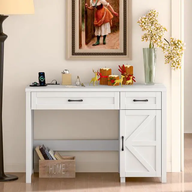 Alt view image 6 of 6 - Farmhouse 47" Executive Desk, Computer Desk with Drawers and Storage Cabinet, Workstation Computer Desk for Home Office, Study.Cream White