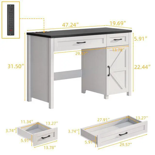Alt view image 2 of 6 - Farmhouse 47" Executive Desk, Computer Desk with Drawers and Storage Cabinet, Workstation Computer Desk for Home Office and Study(Black