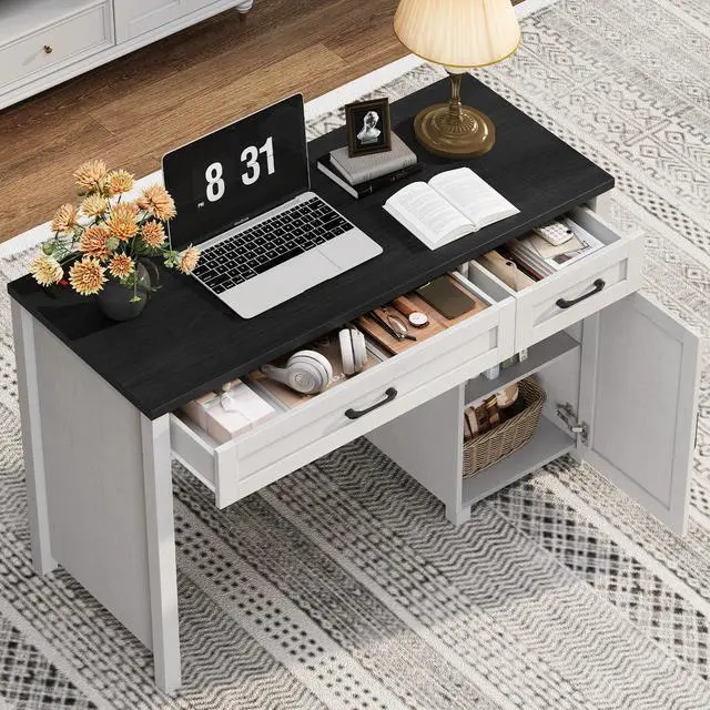 Alt view image 5 of 6 - Farmhouse 47" Executive Desk, Computer Desk with Drawers and Storage Cabinet, Workstation Computer Desk for Home Office and Study(Black