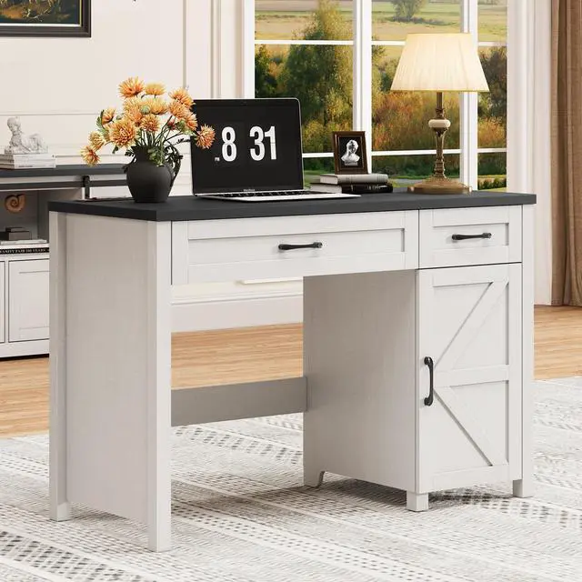 Alt view image 6 of 6 - Farmhouse 47" Executive Desk, Computer Desk with Drawers and Storage Cabinet, Workstation Computer Desk for Home Office and Study(Black