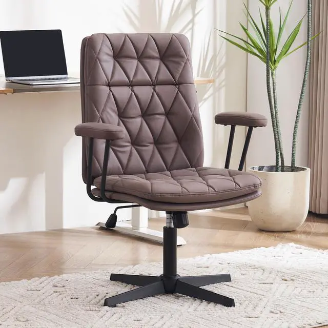 Main image of Criss Cross Chair with Arms Home Office Desk Chair No Wheels Adjustable Thick Cushioned Swivel Accent Makeup Chair Brown