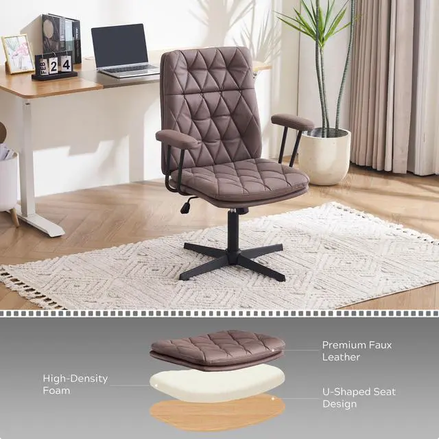 Alt view image 5 of 6 - Criss Cross Chair with Arms Home Office Desk Chair No Wheels Adjustable Thick Cushioned Swivel Accent Makeup Chair Brown