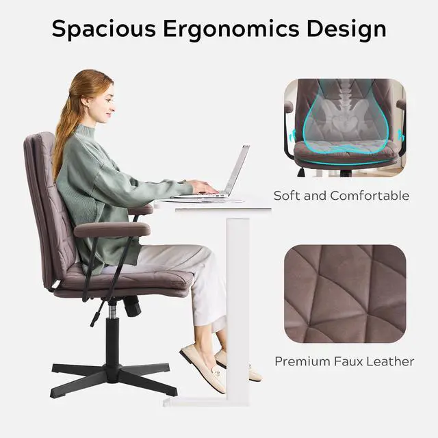 Alt view image 6 of 6 - Criss Cross Chair with Arms Home Office Desk Chair No Wheels Adjustable Thick Cushioned Swivel Accent Makeup Chair Brown