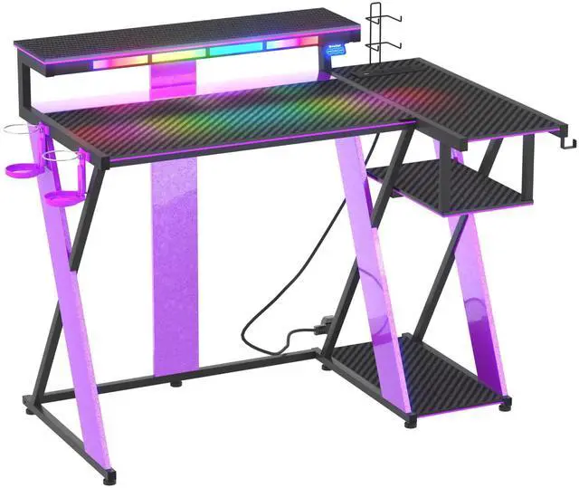 Main image of Computer Desk with Music Sync Light, Flow Vibe Corner Gaming Desk with Monitor Stand and PS5 Storage Shelves, Cup Holders, and Headset Hooks for Bedroom Small Space (Black Purple, 42 Inch)