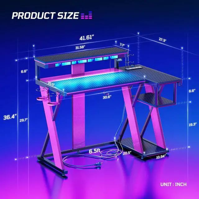 Alt view image 2 of 6 - Computer Desk with Music Sync Light, Flow Vibe Corner Gaming Desk with Monitor Stand and PS5 Storage Shelves, Cup Holders, and Headset Hooks for Bedroom Small Space (Black Purple, 42 Inch)