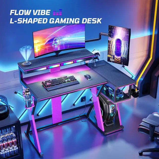 Alt view image 3 of 6 - Computer Desk with Music Sync Light, Flow Vibe Corner Gaming Desk with Monitor Stand and PS5 Storage Shelves, Cup Holders, and Headset Hooks for Bedroom Small Space (Black Purple, 42 Inch)