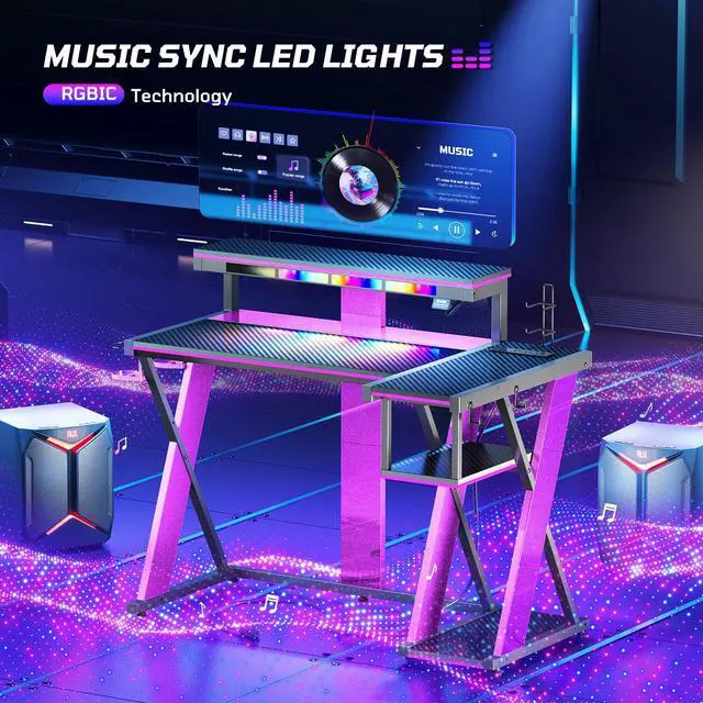 Alt view image 6 of 6 - Computer Desk with Music Sync Light, Flow Vibe Corner Gaming Desk with Monitor Stand and PS5 Storage Shelves, Cup Holders, and Headset Hooks for Bedroom Small Space (Black Purple, 42 Inch)