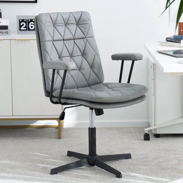 Main image of Home Desk Chair No Wheels with Arms Crossleg Stationary Ergonomic Office Swivel Working Computer Chair Grey