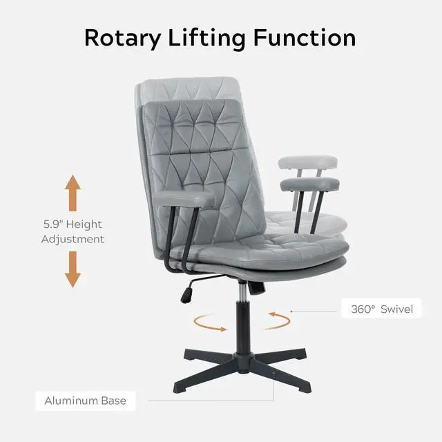 Alt view image 4 of 6 - Home Desk Chair No Wheels with Arms Crossleg Stationary Ergonomic Office Swivel Working Computer Chair Grey