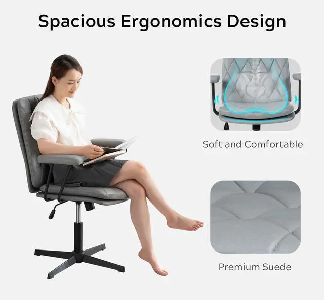 Alt view image 5 of 6 - Home Desk Chair No Wheels with Arms Crossleg Stationary Ergonomic Office Swivel Working Computer Chair Grey