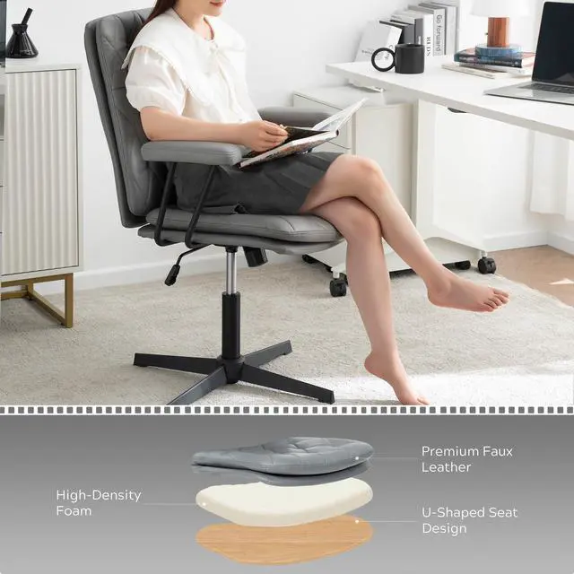 Alt view image 6 of 6 - Home Desk Chair No Wheels with Arms Crossleg Stationary Ergonomic Office Swivel Working Computer Chair Grey