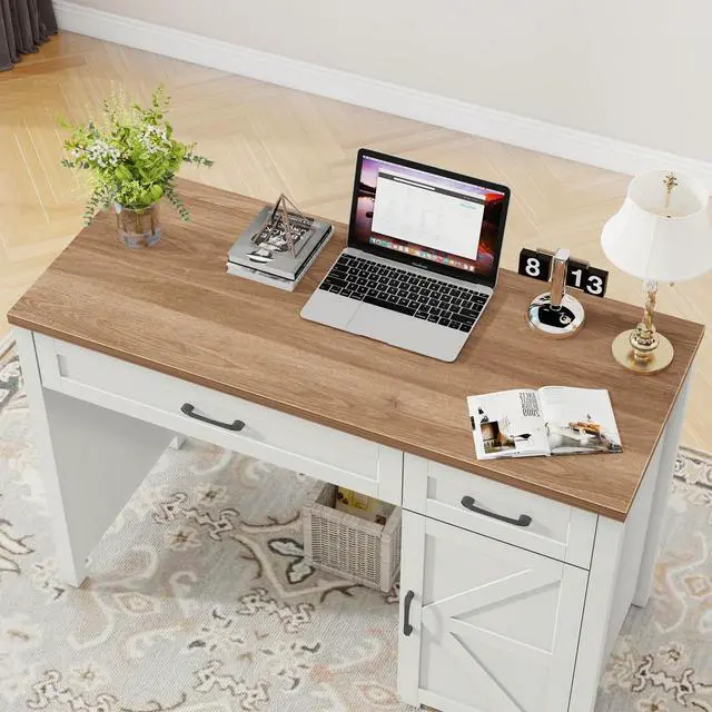 Alt view image 3 of 6 - Farmhouse 47" Executive Desk, Computer Desks with Drawers and Cabinet, Workstation Computer Desks for Study and Home Office