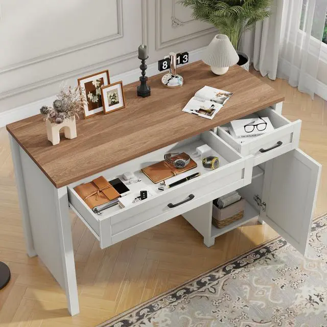 Alt view image 4 of 6 - Farmhouse 47" Executive Desk, Computer Desks with Drawers and Cabinet, Workstation Computer Desks for Study and Home Office