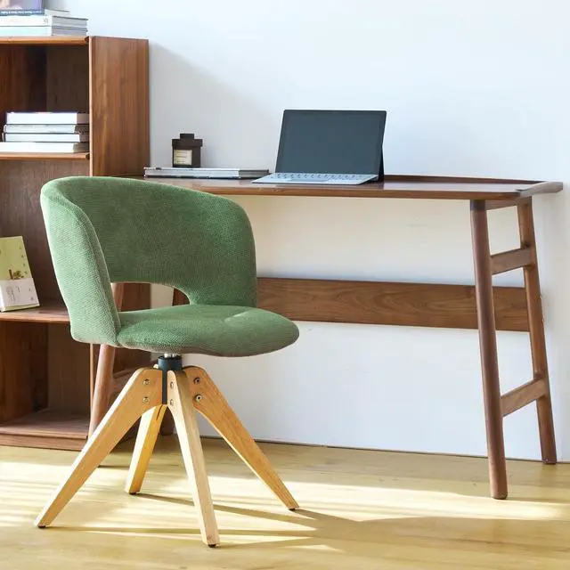 Alt view image 2 of 6 - Mid Century Modern Swivel Accent Chair with Solid Wood Legs, Home Office Desk Chair No Wheels, Makeup Chair for Vanity, Upholstered Chair for Bedroom, Green