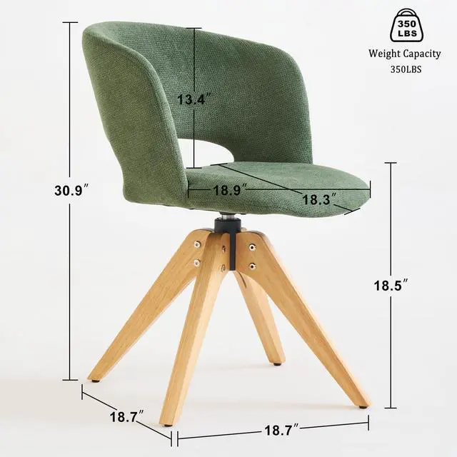 Alt view image 3 of 6 - Mid Century Modern Swivel Accent Chair with Solid Wood Legs, Home Office Desk Chair No Wheels, Makeup Chair for Vanity, Upholstered Chair for Bedroom, Green