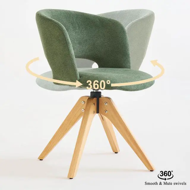 Alt view image 4 of 6 - Mid Century Modern Swivel Accent Chair with Solid Wood Legs, Home Office Desk Chair No Wheels, Makeup Chair for Vanity, Upholstered Chair for Bedroom, Green